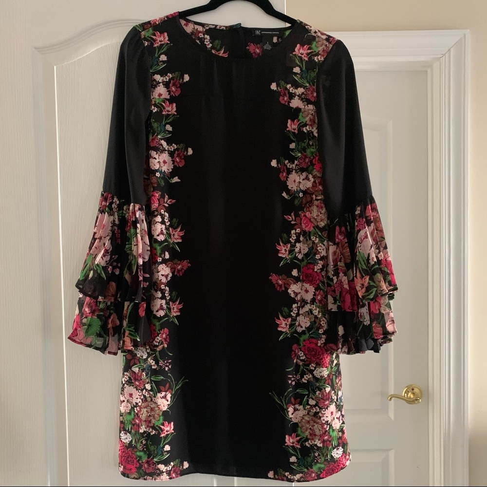 International Concepts Black Pink Floral Flare Long Sleeve Dress Top Size 2